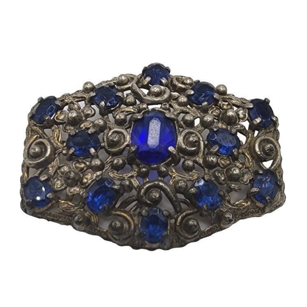 Vintage Cobalt Blue Czech Glass Victorian Ornate Floral Scarf Fur Pin Brooch